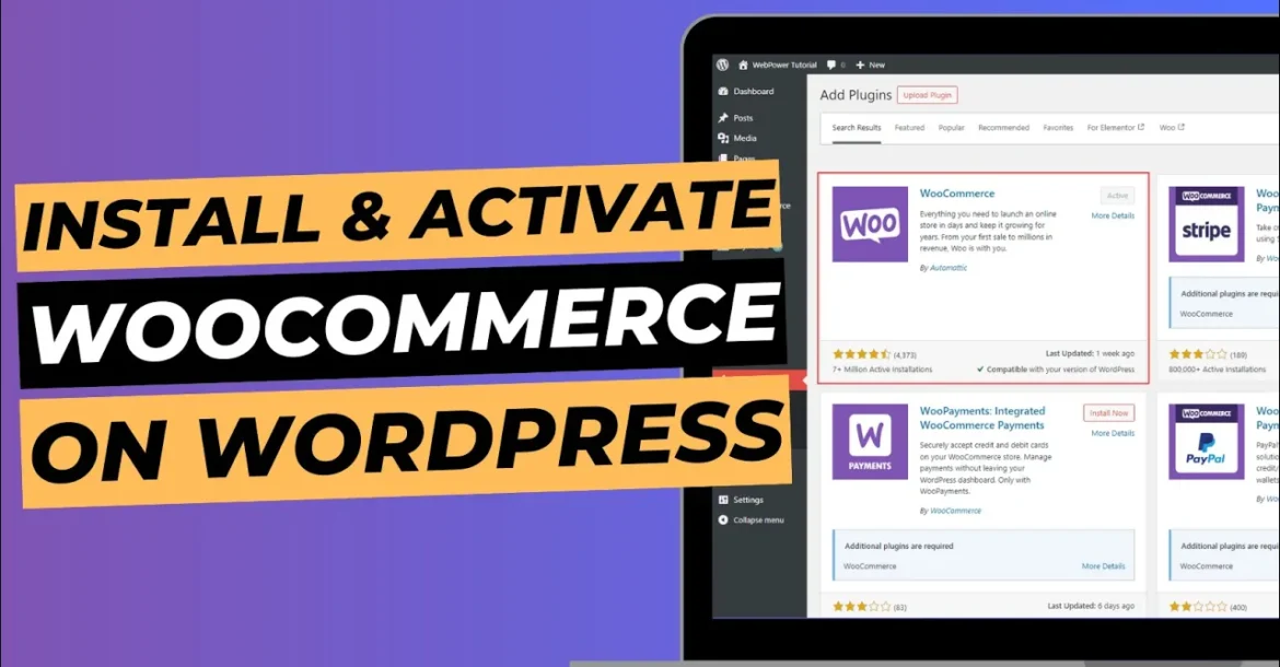 Blog cover image with laptop screen showing WordPress plugins page, titled "Install & activate WooCommerce on WordPress".