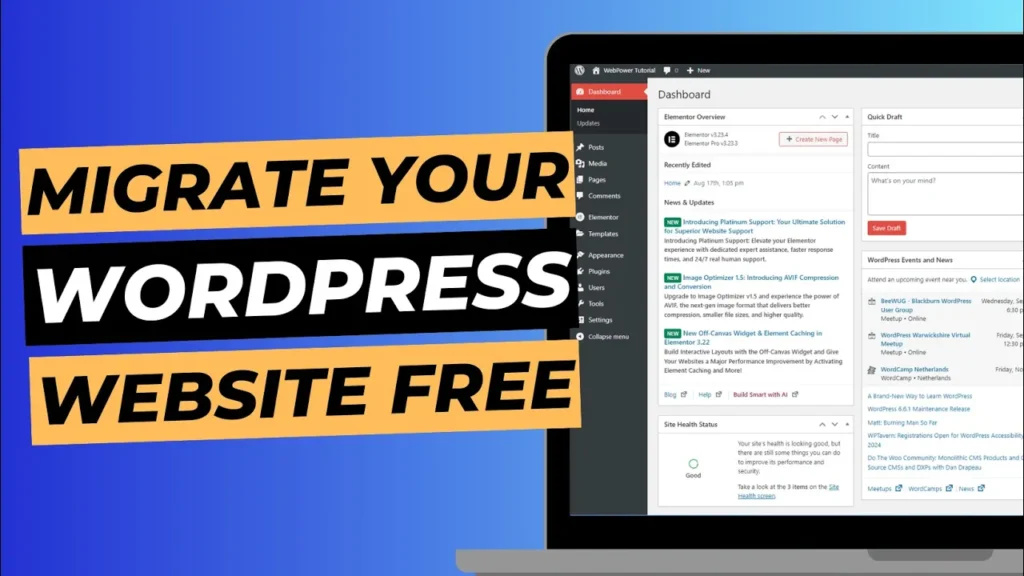 Blog cover image with laptop screen showing WordPress dashboard, titled "Migrate your WordPress website free".