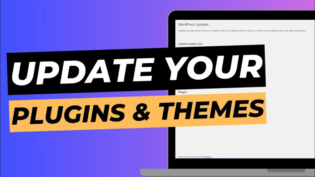 Blog cover image with laptop screen showing WordPress dashboard updates page, titled "Update your plugins and themes".