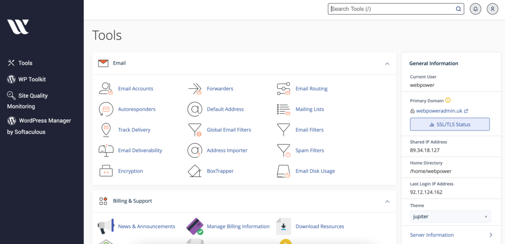 Screenshot of the WebPower cPanel homepage.