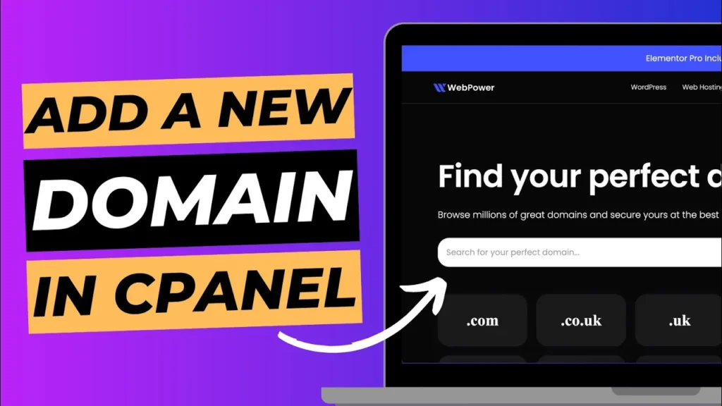 Thumbnail with laptop showing WebPower Domains the screen titled "add a new domain in cPanel."