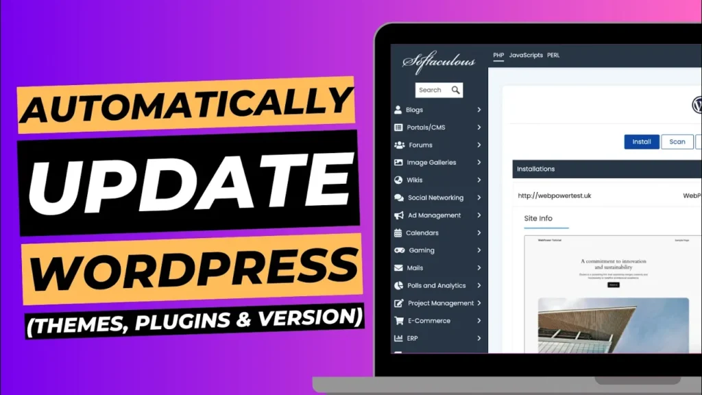 Thumbnail for YouTube withSoftaculous Installer on laptop screen and title next to it reading "Automatically Update WordPress".