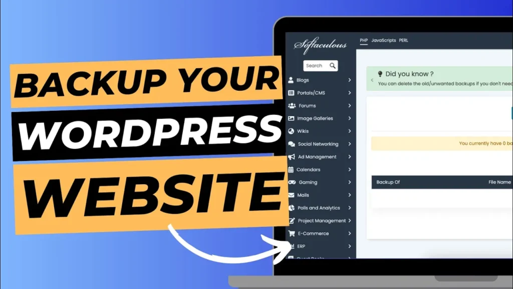 Thumbnail with laptop containing Softaculous on the screen titled "How to backup your WordPress website."