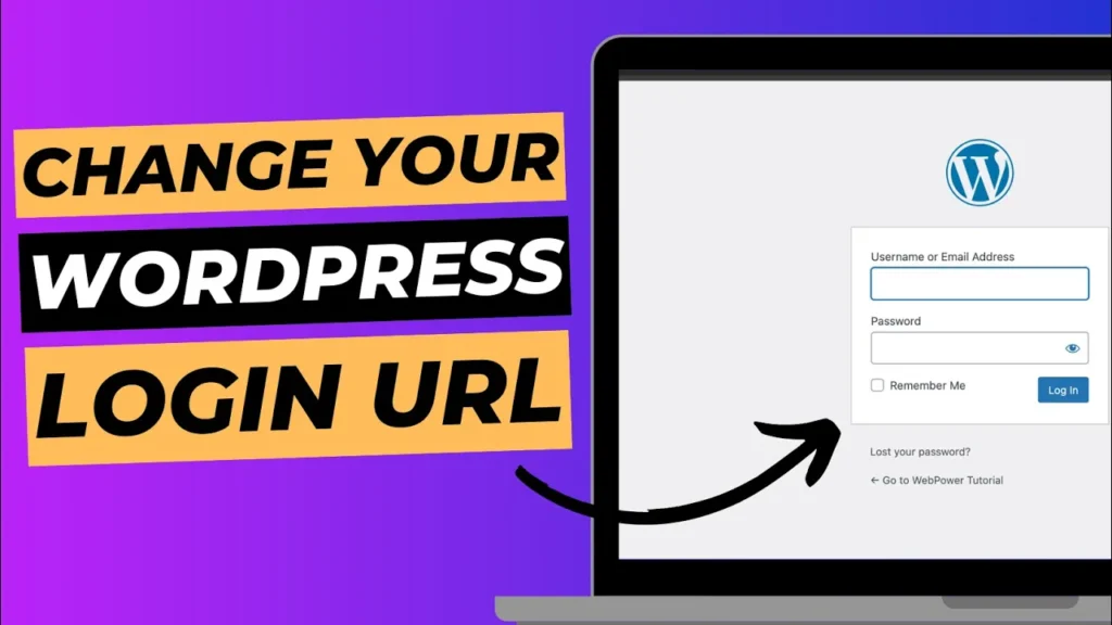 Laptop graphic showing wordpress login page with title next to it reading "change your WordPress login URL".