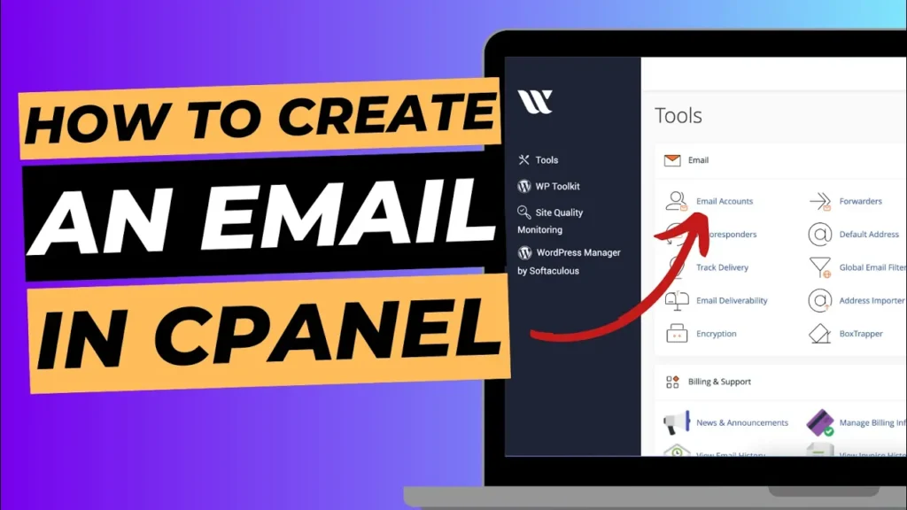 Thumbnail with laptop containing cPanel on the screen titled "How to create an email in cPanel.