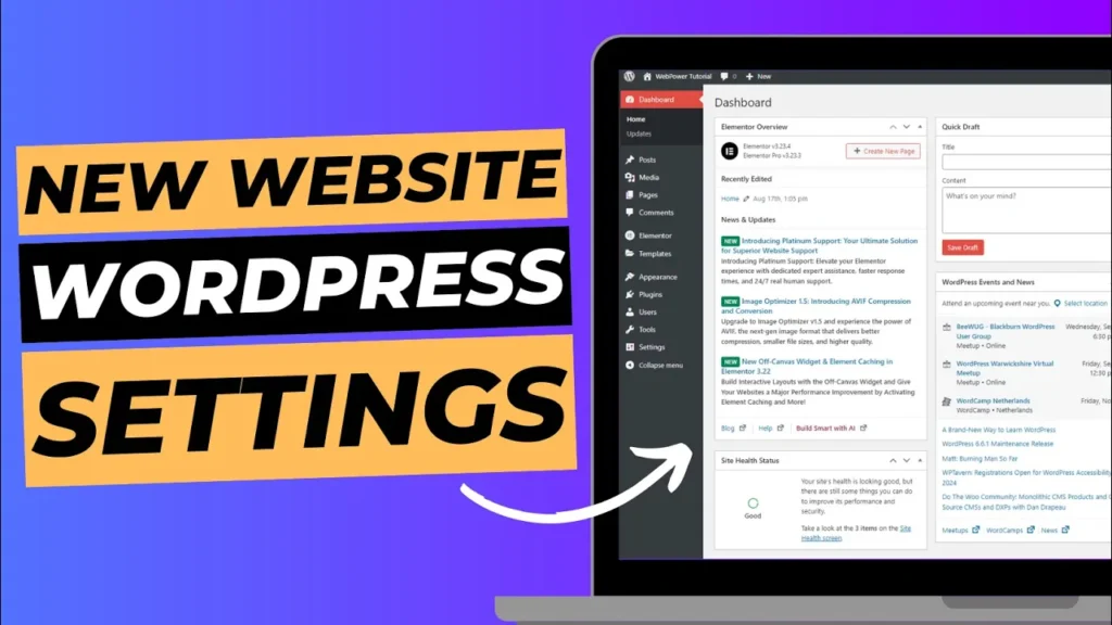Title image with a laptop screen containing the WordPress Dashboard and the heading next to it reading "New Website WordPress Settings".