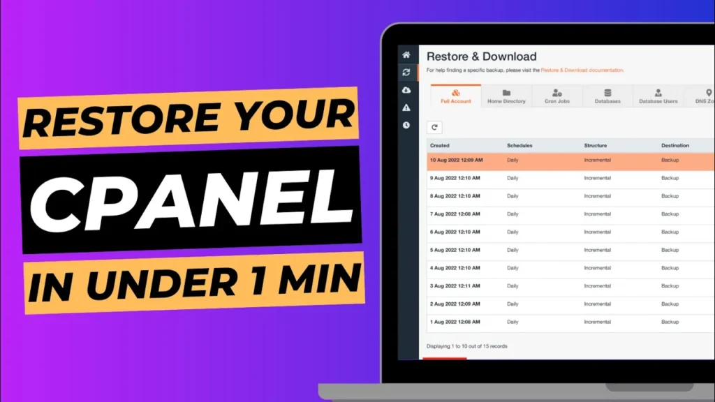 Thumbnail for YouTube with Jet5 Backup Page on laptop screen and title next to it reading "Restore your cPanel in under 1 min".