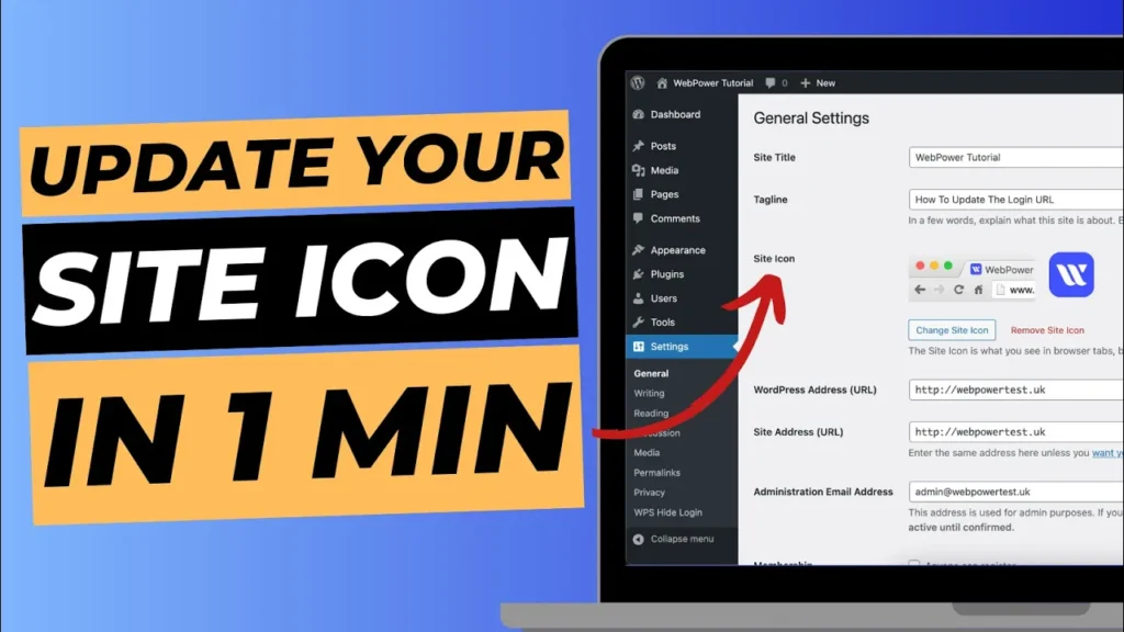 Thumbnail for YouTube with WordPress settings page on laptop screen and title next to it reading "Update your site icon in 1 min".